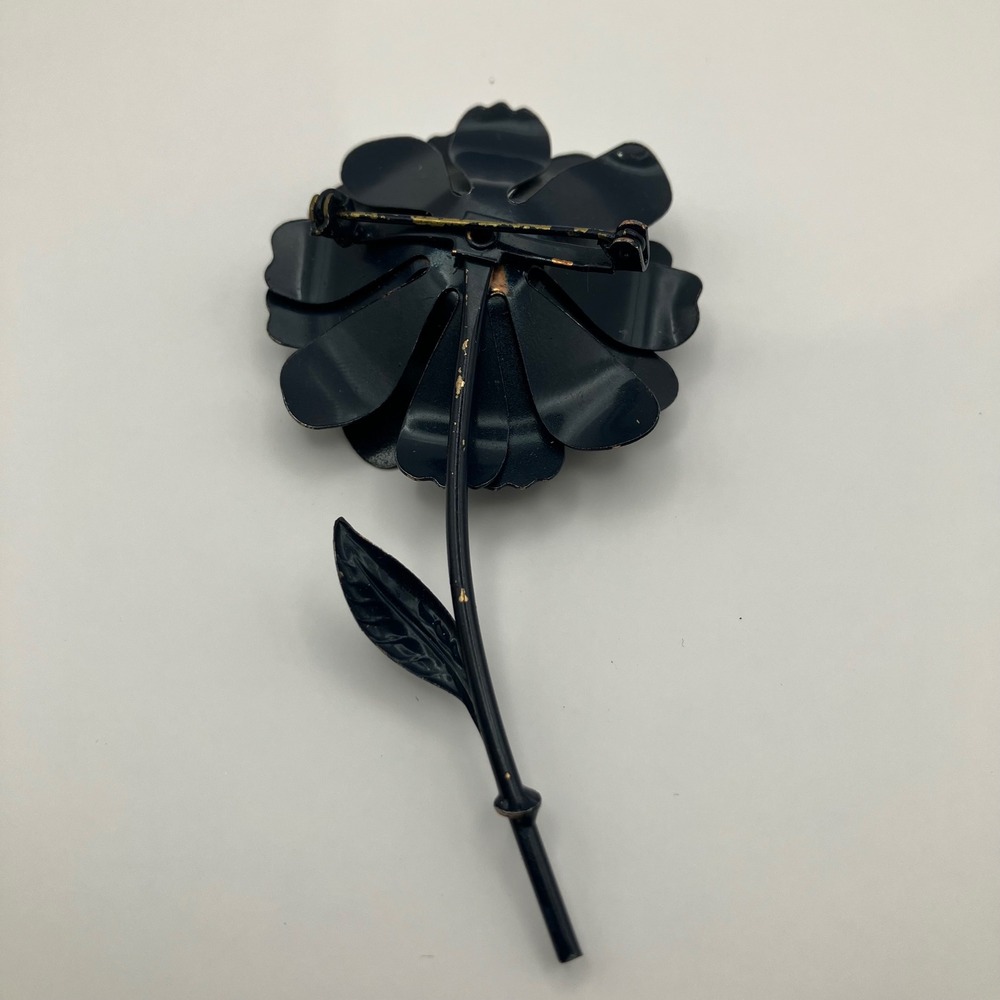 Vintage Black Metal Rose Flower Brooch Long Stem  Pin Mid Century Gothic Jewelry